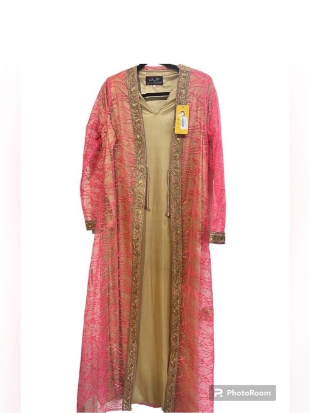 Sheer Pink Kaftan Robe with Gold Trim